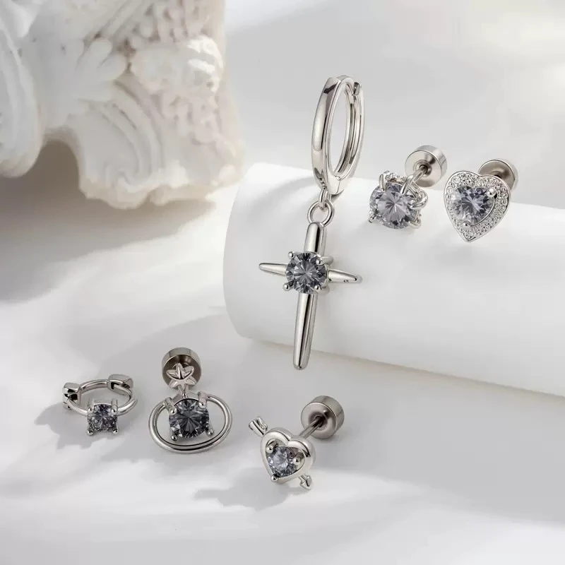 钛钢耳饰 黑灰色系镶钻钛钢耳钉韩版小众设计高级感耳环甜辣风