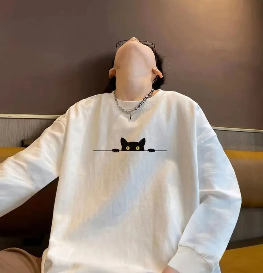 纯棉束口长袖T恤男小黑猫咪圆领打底衫春秋潮牌宽松休闲