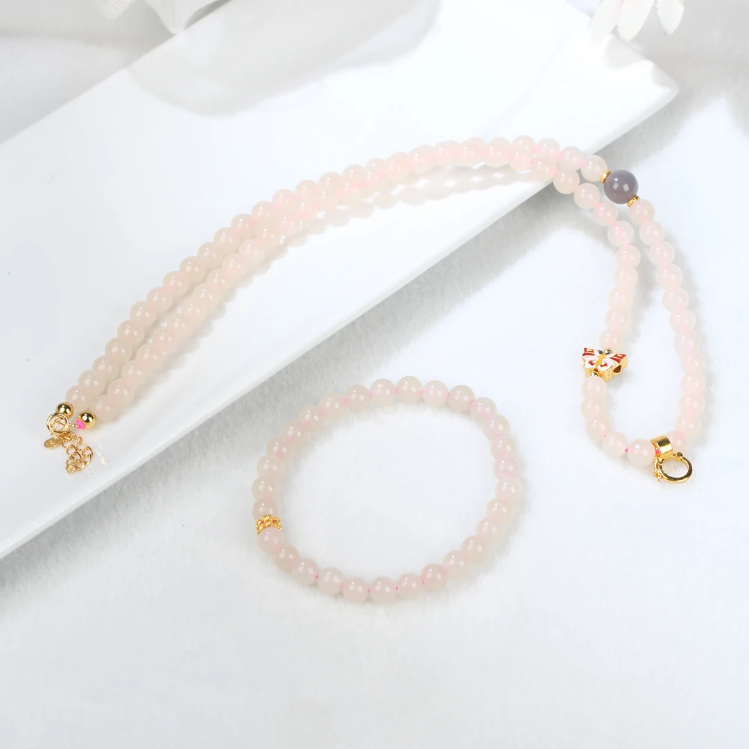 【麦子家族】天然和田玉卡5-6藕粉手串项链一套精致套装百搭D0806