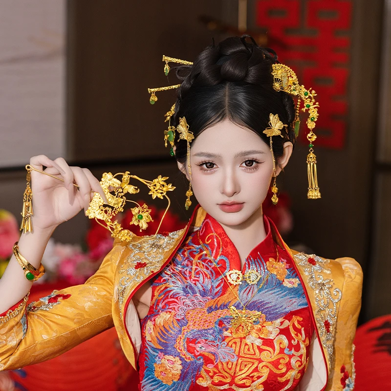 合金婚庆饰品 秀禾新娘新款国风金色蝴蝶中式贵气流苏头饰MT0190