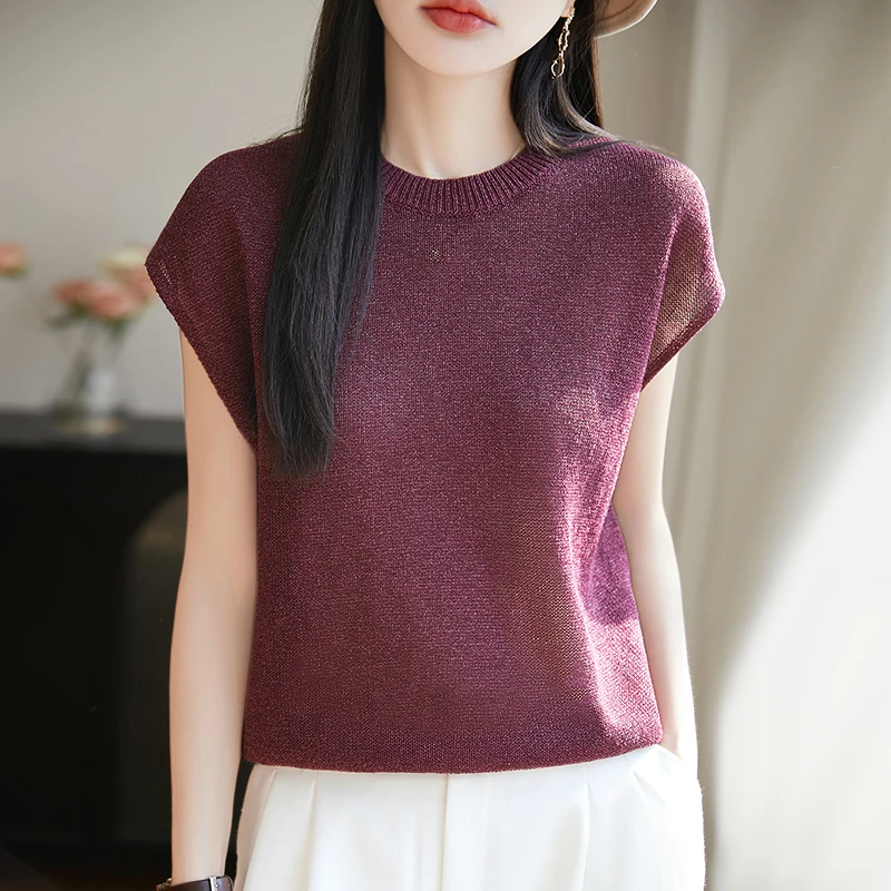 天丝针织衫女品牌莱赛尔短袖t恤女2025新款夏季遮肚显瘦宽松上衣