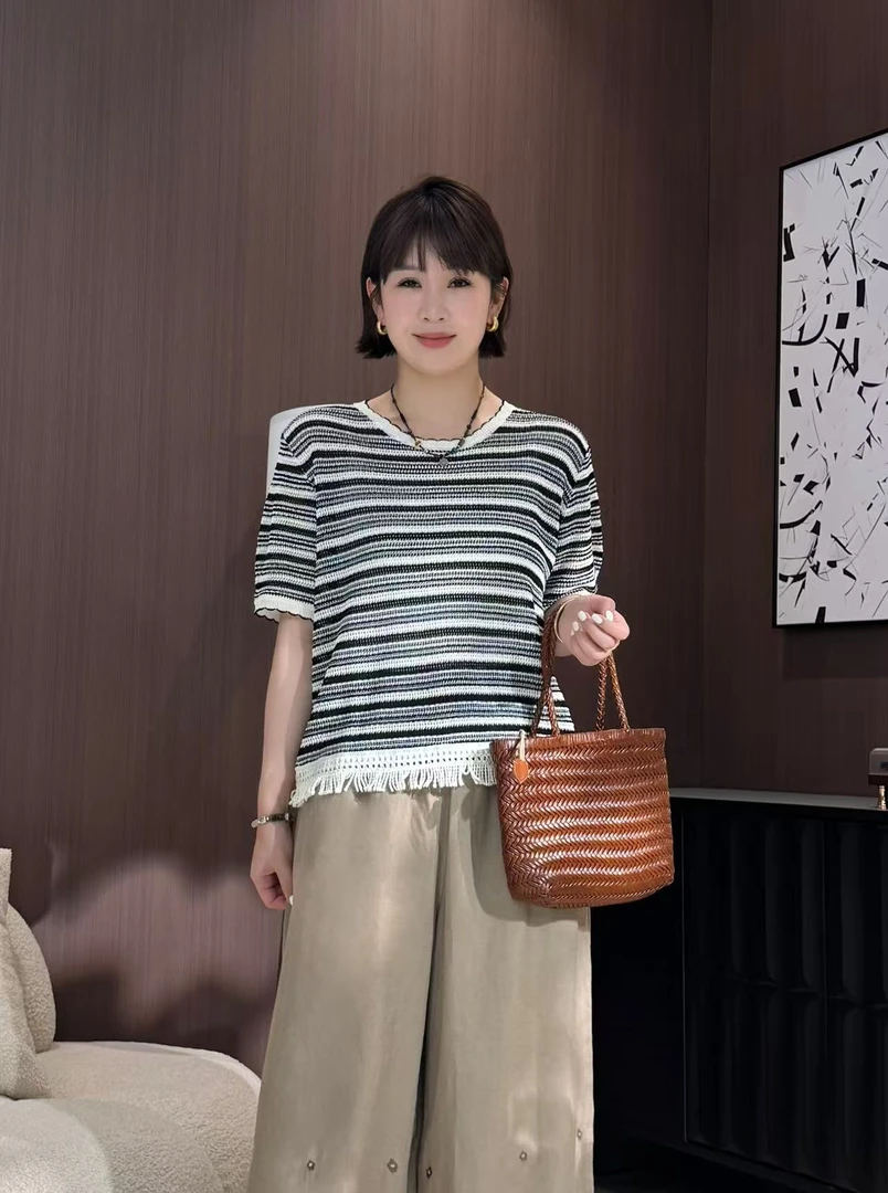 方和屿.短袖条纹通勤修身型短外套百搭休闲女士简约针织衫6104