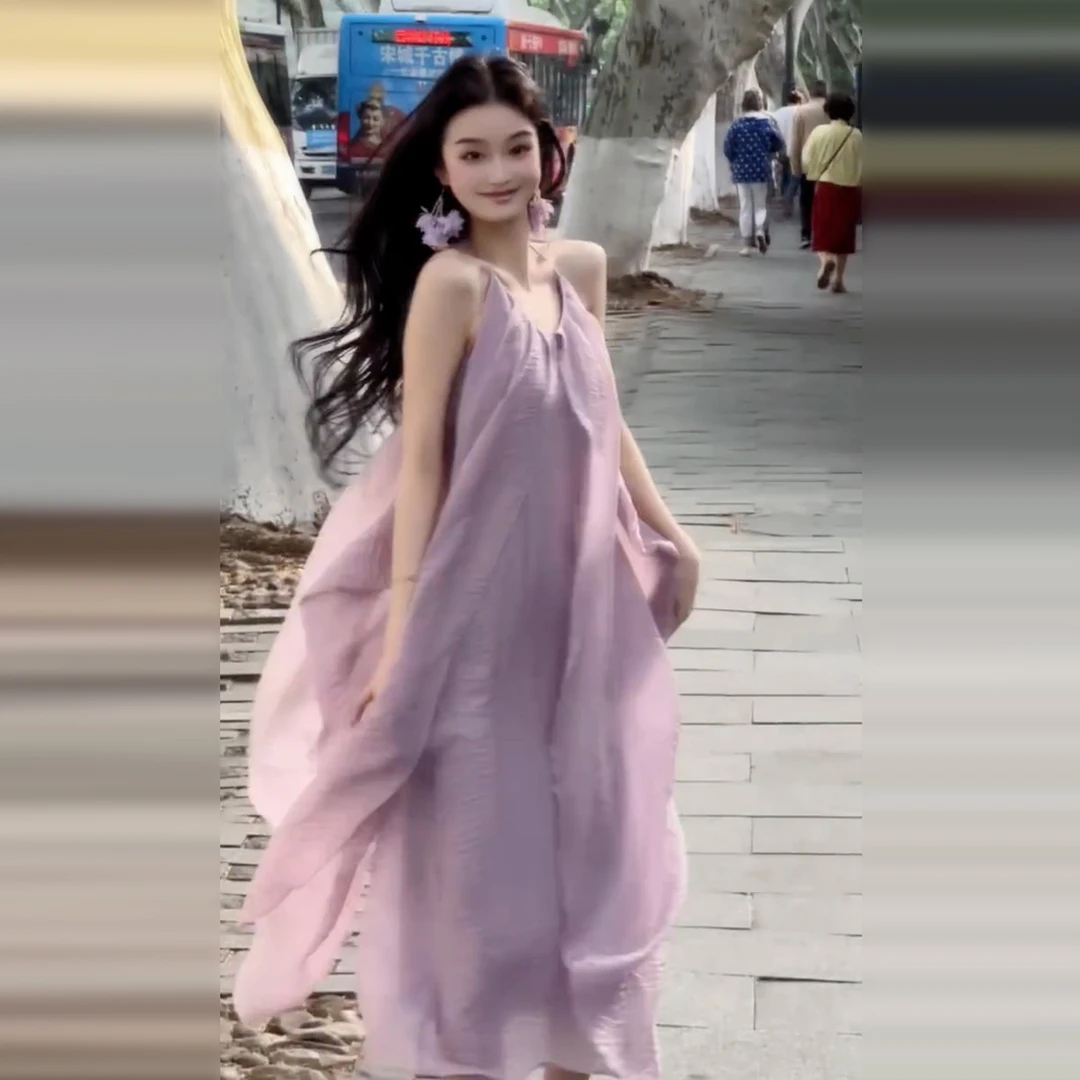 2025新款法式度假风紫色挂脖吊带连衣裙夏季气质v领仙女长裙4092