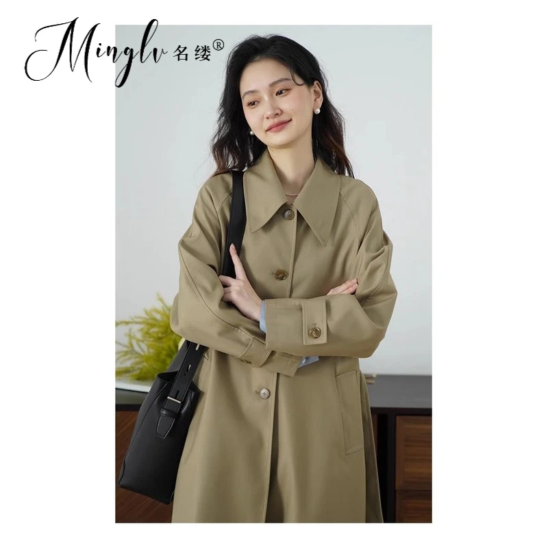 名缕女装韩版中长款卡其风衣女2025秋季新款上衣单排扣简约休闲外