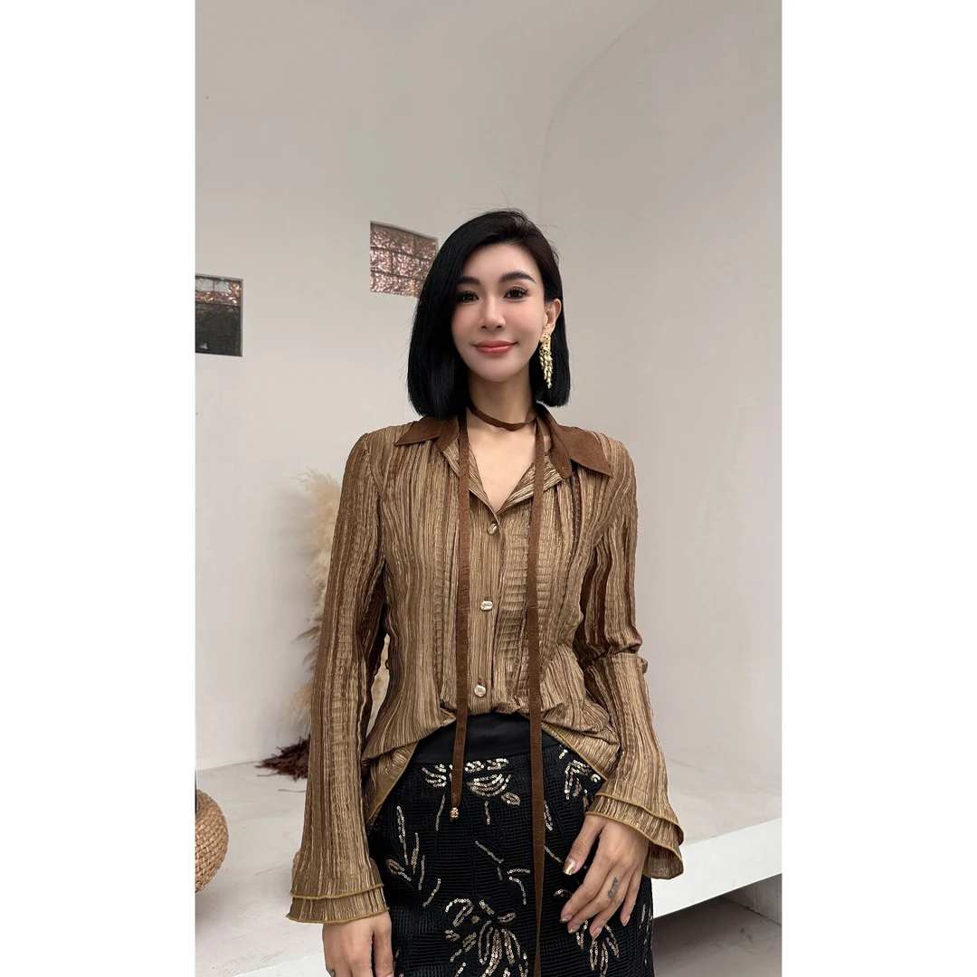 SONG-原创【衬衫-沙金肆意】新款绑绳设计时尚显瘦气质百搭长袖