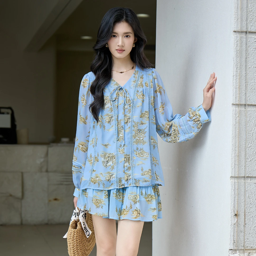 奢姿大码女装2025秋季胖妹妹时尚印花设计系带V领上衣短裙两件套