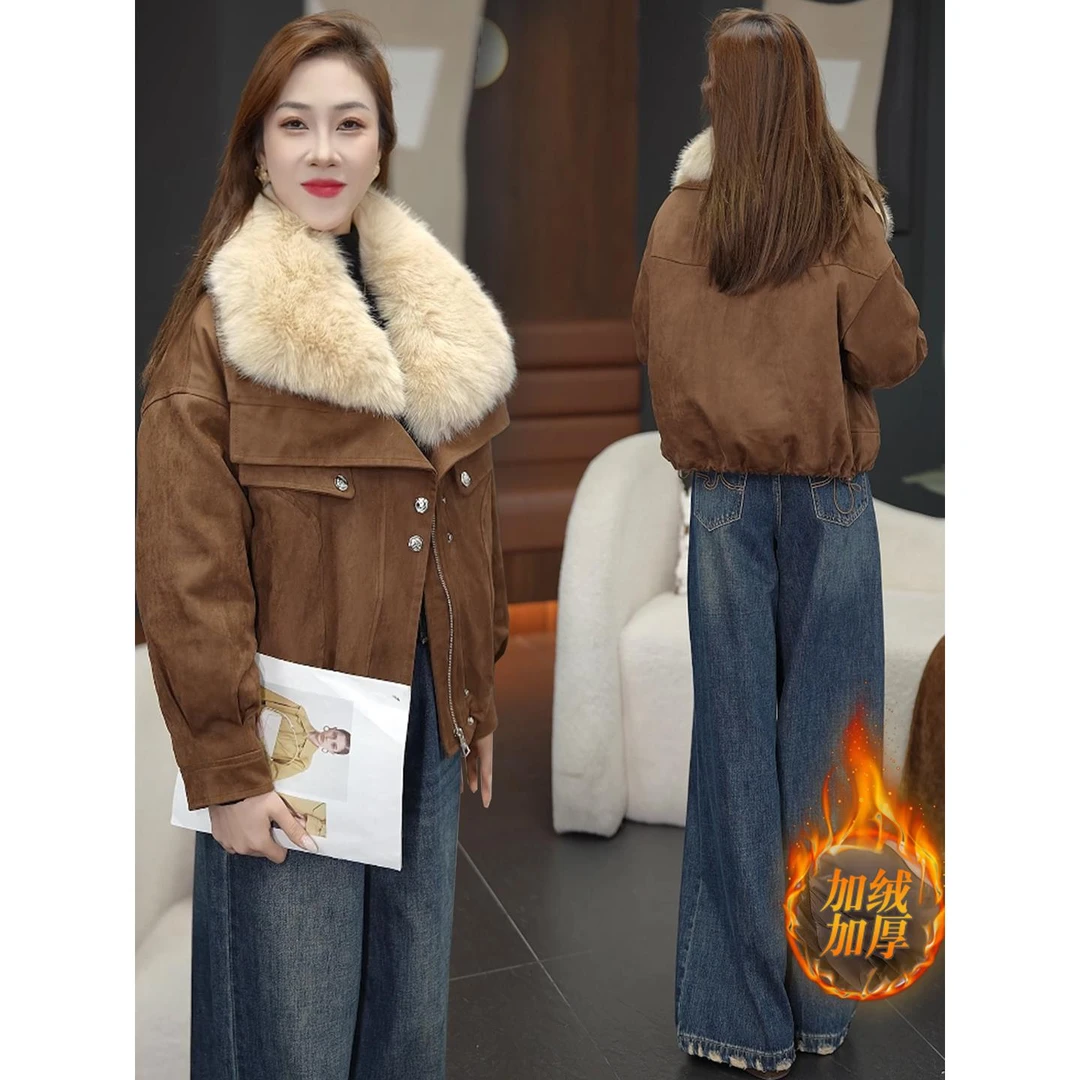 短款大毛领加厚服女2025冬季新款时尚牛皮绒加厚保暖派克服外套潮