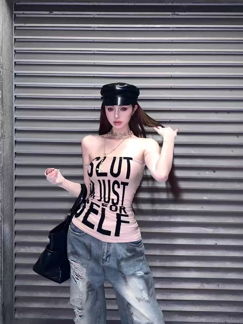 一字肩字母植绒长袖抹胸T恤女春季收腰修身内搭美式辣妹袖套上衣