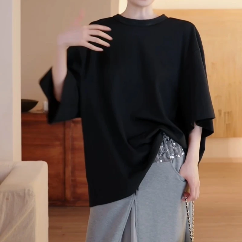 【时尚简意】休闲慵懒显瘦宽松落肩圆领丝巾T恤上衣LK2505303