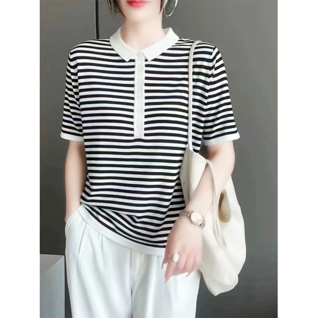 710#夏季新款韩版休闲宽松POLO领条纹短袖T恤女百搭显瘦半袖上衣