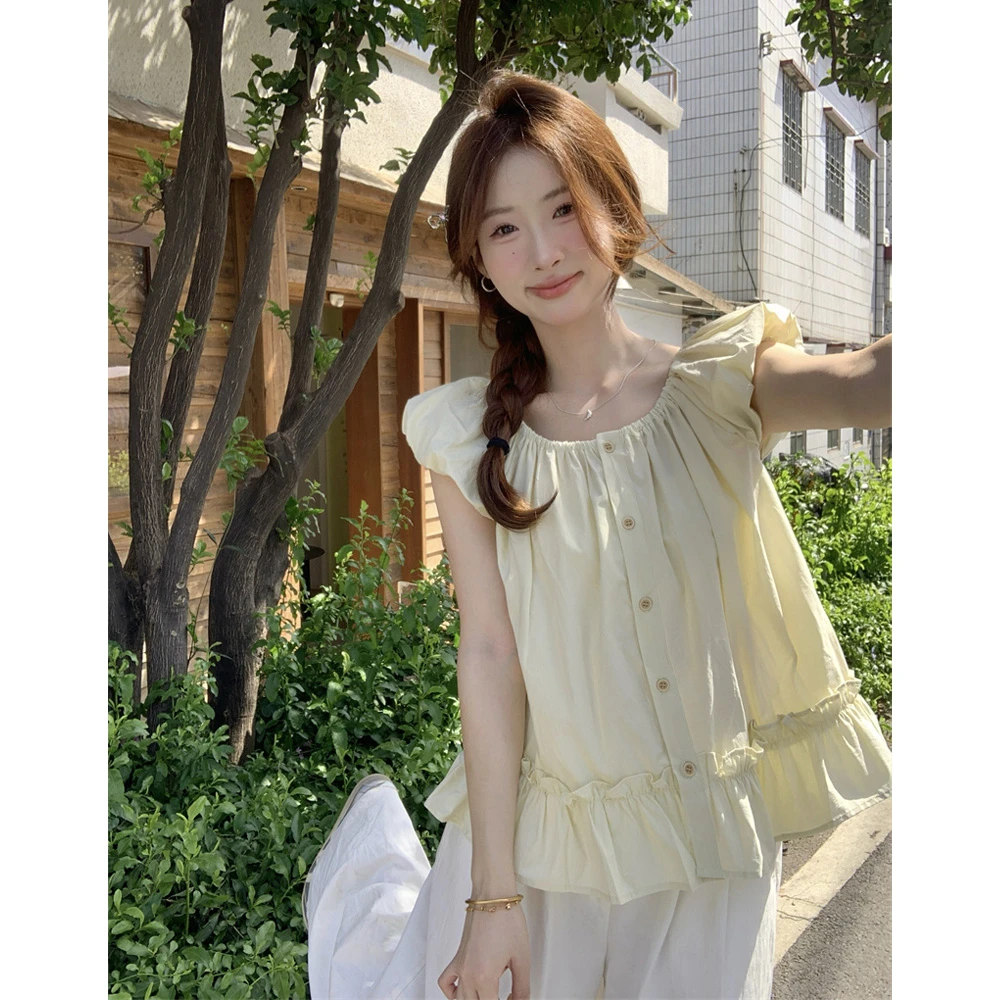 法式甜美泡泡袖木耳边时尚别致衬衫夏季短款圆领气质衬衣女上衣