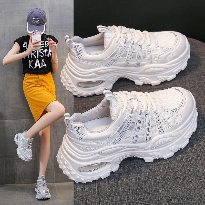 网红真皮厚底老爹鞋女2025新款爆款鞋子女网面透气百搭水钻运动鞋