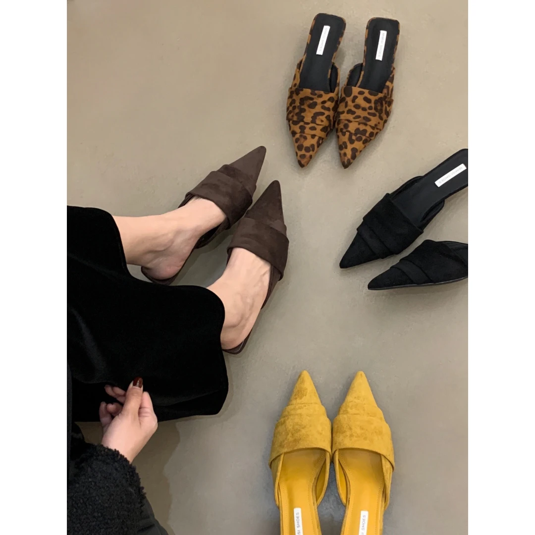 2025春夏新款小众高级尖头绒面包头粗跟半拖鞋女外穿低跟穆勒凉拖