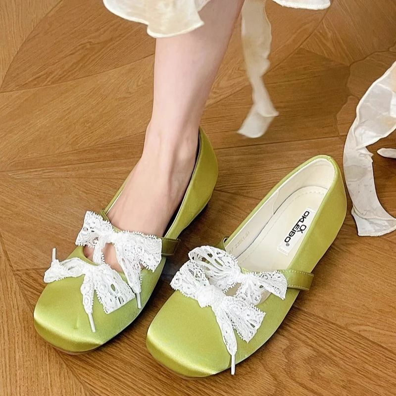 美猫汇真皮底温柔绸缎蕾丝蝴蝶结玛丽珍内增高单鞋2025浅口芭蕾鞋