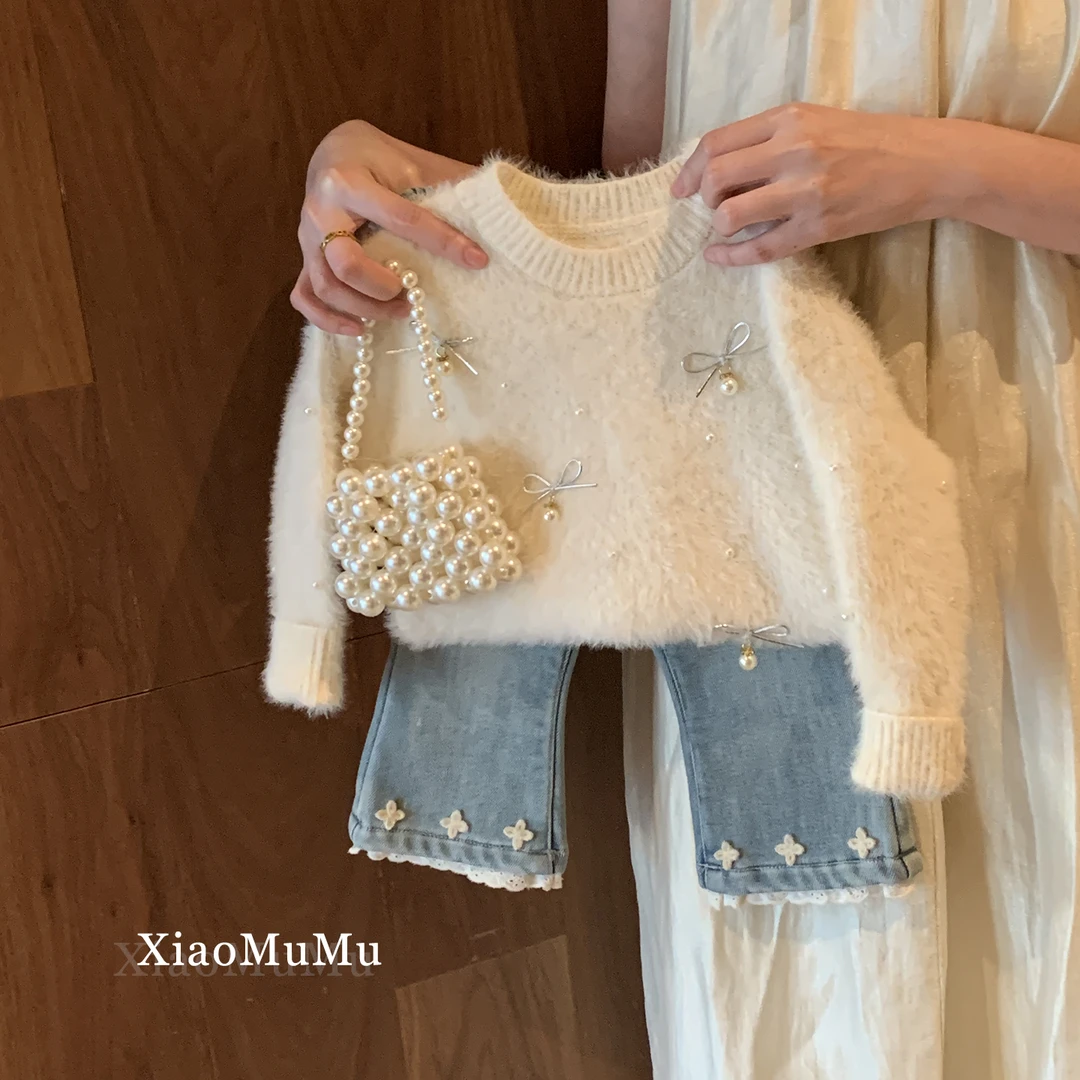 现货 女童仿水貂毛毛衣2025新款秋冬小童女宝宝牛仔喇叭裤两件套