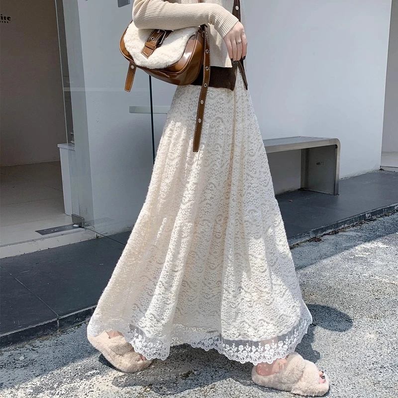 白色半身裙女2025新款时尚洋气爆款钩花镂空蕾丝长裙法式气质半裙