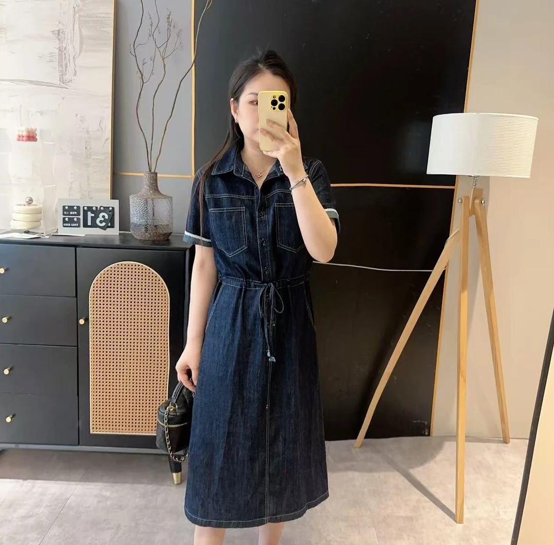 【牛仔连衣裙】法式复古牛仔连衣裙收腰显瘦POLO领2025夏E250423331
