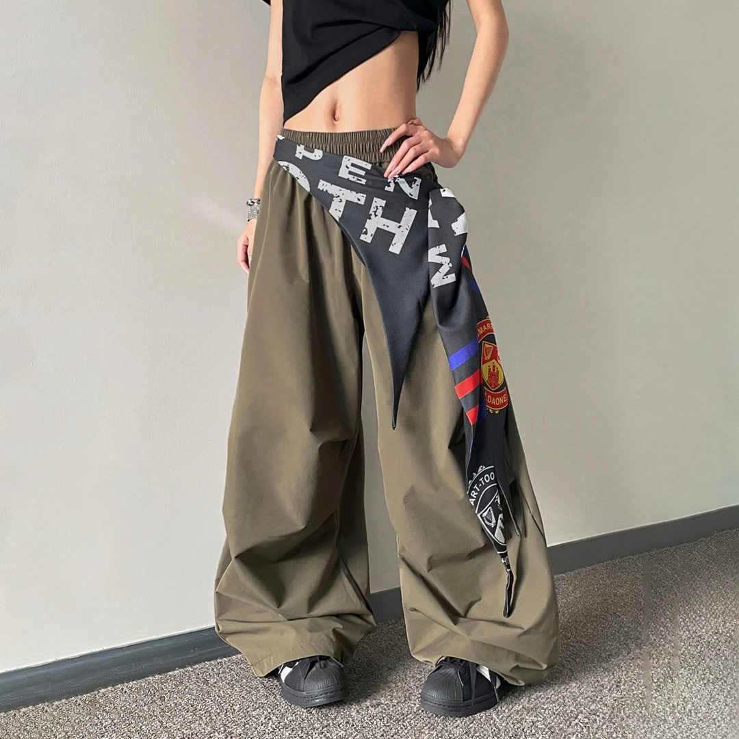 ORDERSTAGE美式复古街头速干工装伞兵裤带屁帘宽松弯刀阔腿裤女