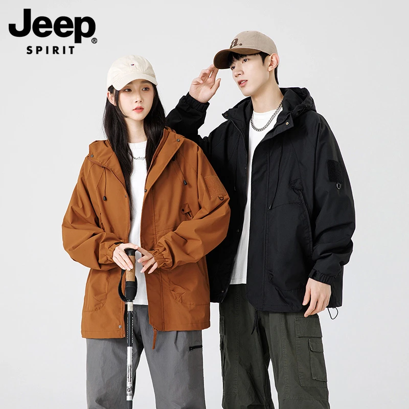 JEEP吉普冲锋衣男女同款情侣装登山服软壳外套秋冬高领连帽夹克男