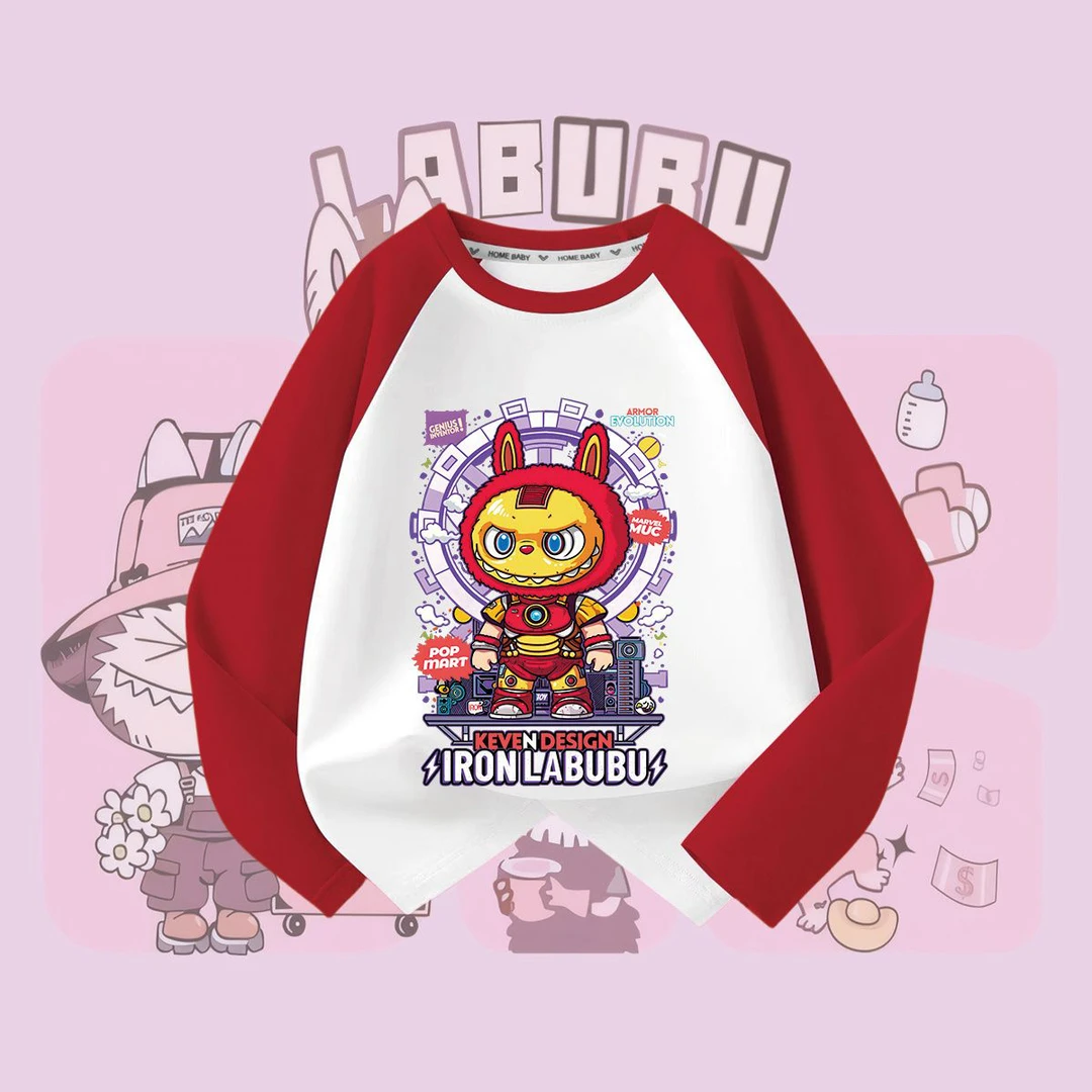 纯棉拉布布儿童长袖潮流labubu春秋打底男童长袖百搭撞色女童长袖