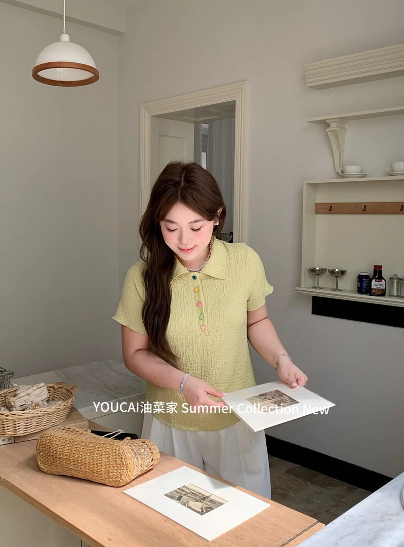 推荐款#YC#31160#彩色扣短袖上衣 FL