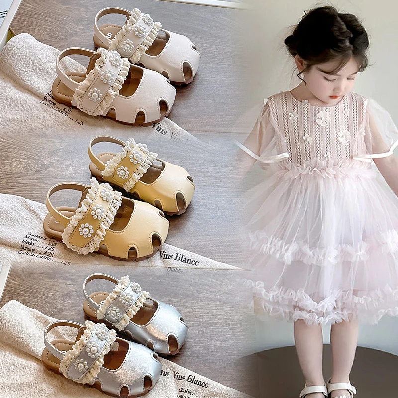 【芭蕾风】女童法式珍珠蕾丝公主凉鞋2025夏季新款洋气软底防滑凉鞋