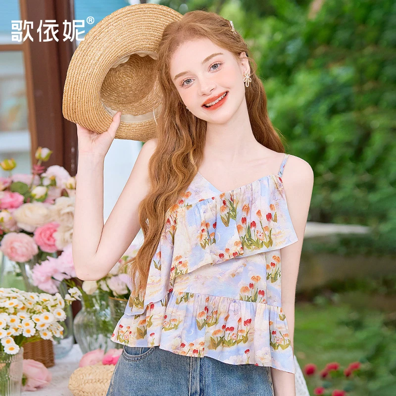 歌依妮夏季新款女甜美海边度假辣妹雪纺衫碎花小吊带背心无袖上衣