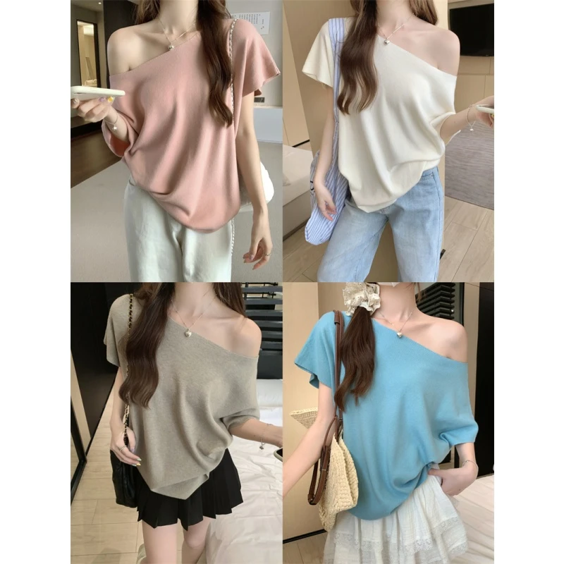 斜肩露肩蝙蝠袖针织衫女夏季新款慵懒风宽松显瘦设计感一字肩上衣