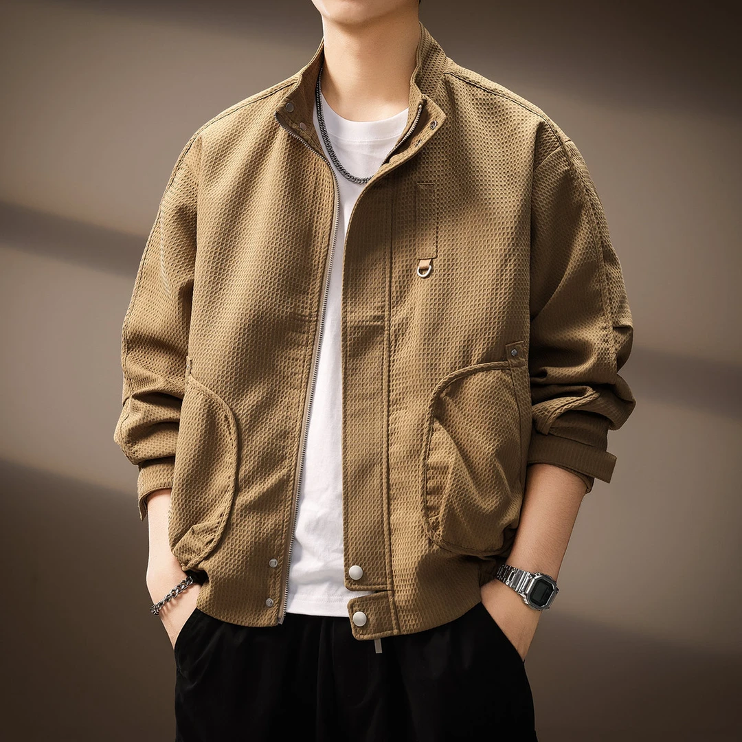 高端设计感潮流格纹纯色立领夹克男士秋季新款多口袋高领毛衣男款