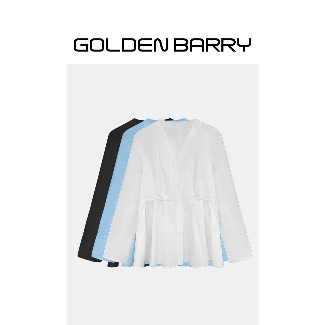 GOLDENBARRY|212565时尚V领收腰褶皱衬衣衬衫【微瑕】