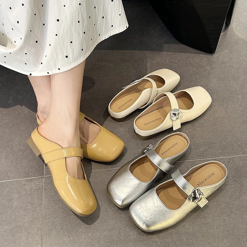 网红超火包头半拖鞋女2025夏季新款绝美方头魔术贴平底法式小凉拖