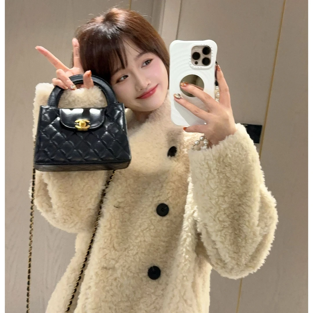 静静哈尼 【双排扣V领羊羔毛外套】100羊毛宽松休闲外套W82472