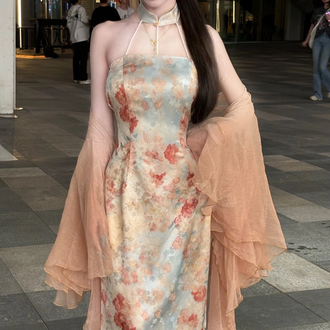 新中式收腰显瘦国风辣妹连衣裙夏季 吊带折花梦