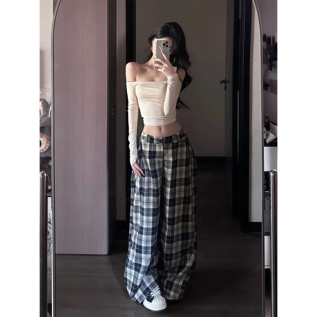纯欲风辣妹一字肩抹胸T恤上衣女秋季新款高腰黑白格长裤两件套装