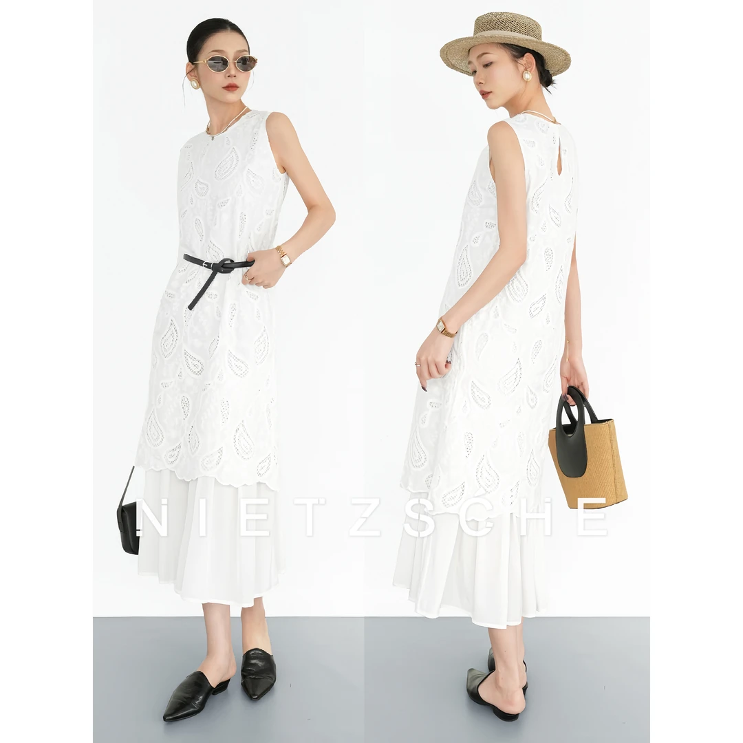 Nietzsche｜白月光腰果花｜提花刺绣拼接钩花镂空高级感连衣裙71091