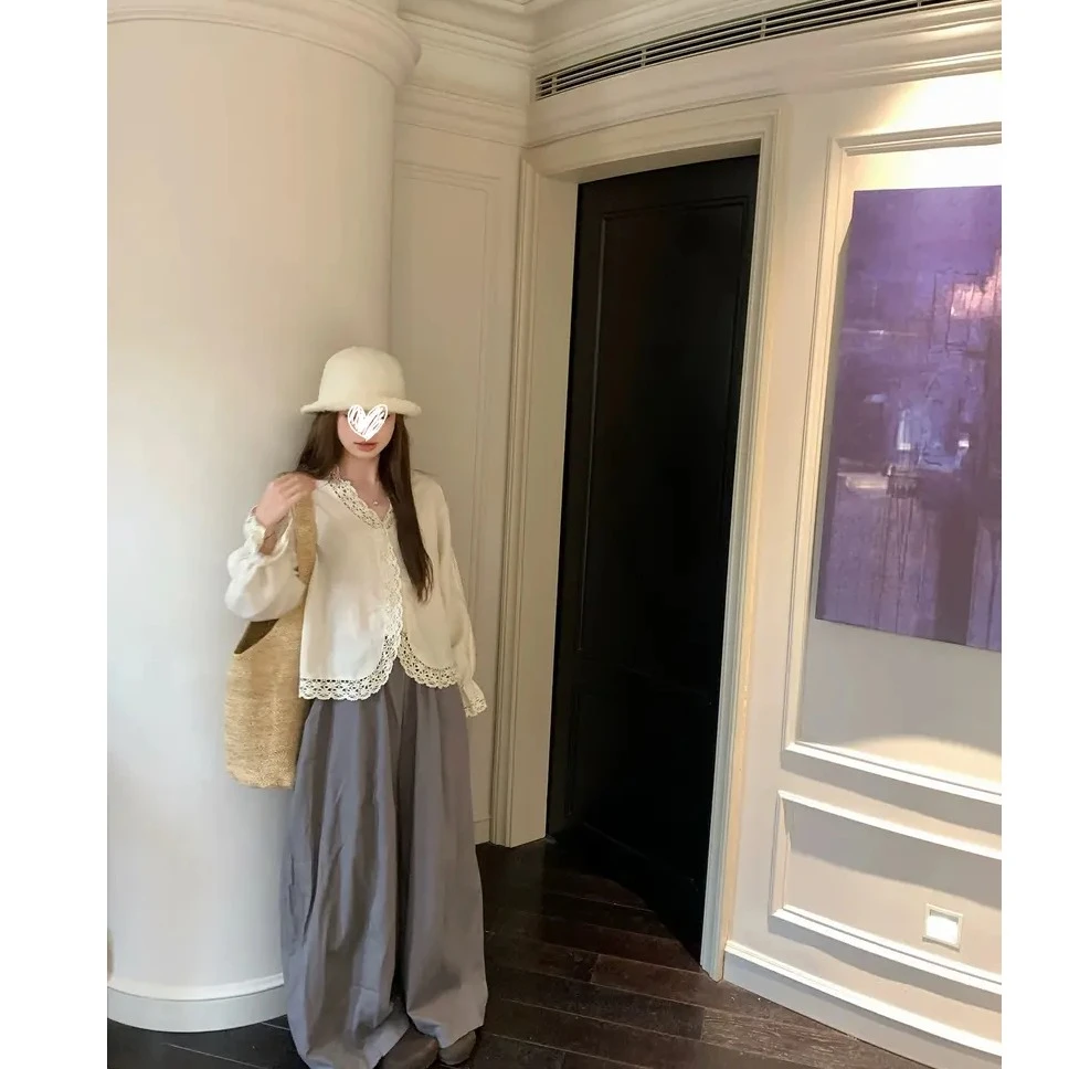 2025早秋新品宽松刺绣花边上衣灰色宽松休闲阔腿裤简约百搭套装女