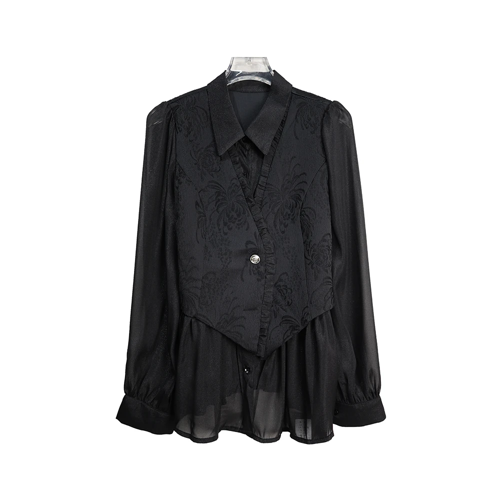 X2636提花拼接假两件衬衫显瘦上衣