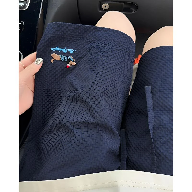 藏青色泡泡纱腊肠狗刺绣短裤男夏季美式休闲运动五分裤速干沙滩裤
