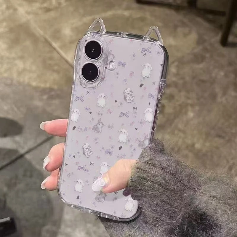 透明猫耳朵紫底满屏碎花兔子适用苹果17Promax手机壳16软胶15卡通