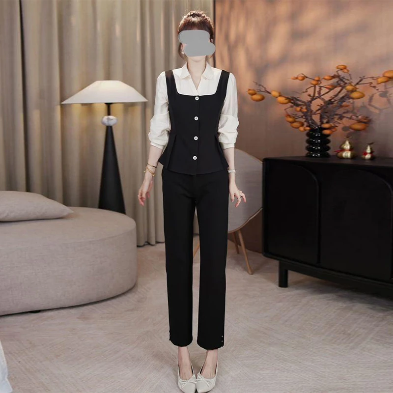 时尚套装女2025秋季新款假两件衬衫收腰上衣高腰裤气质显瘦两件套