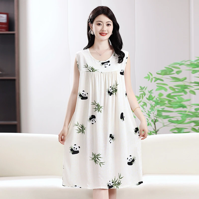 棉绸女睡衣2025新款夏妈妈睡裙中长款无袖连衣裙人造棉家居服洋气