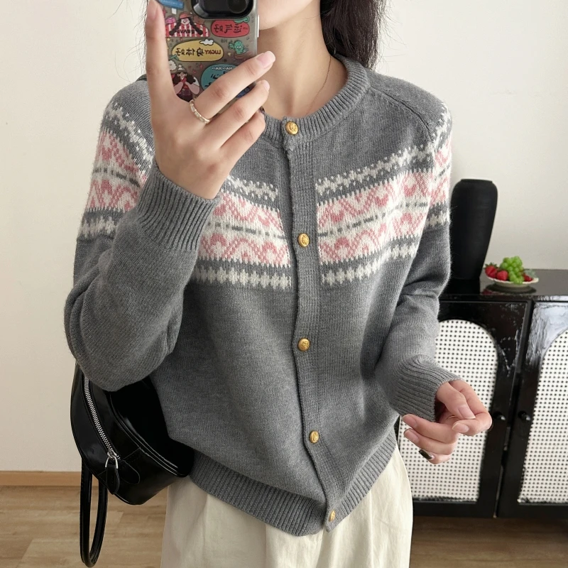 秋冬提花圆领针织开衫小香风春秋长袖百搭宽松撞色外搭短款上衣