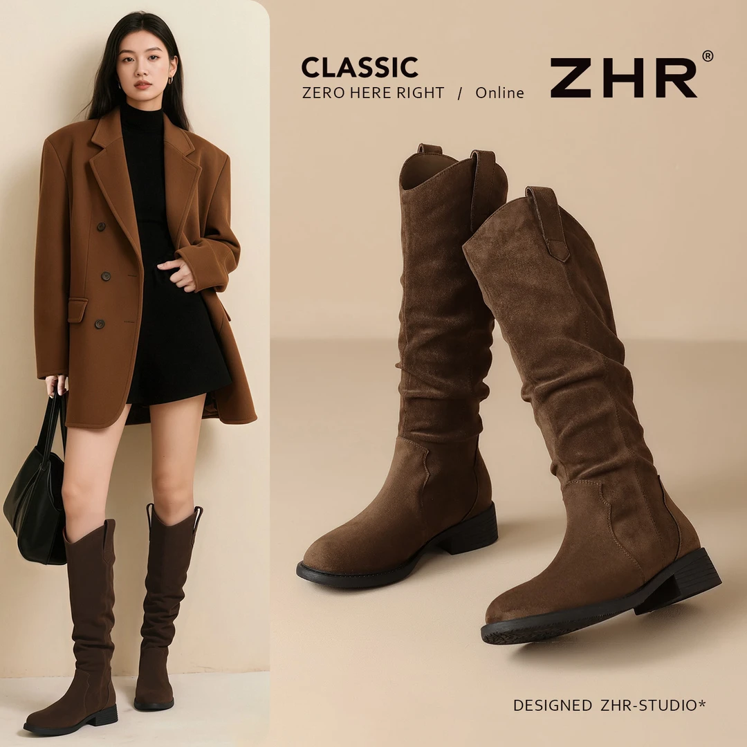 ZHR/则则加绒保暖堆堆靴女2025冬新款复古粗跟长筒靴美拉德瘦瘦靴