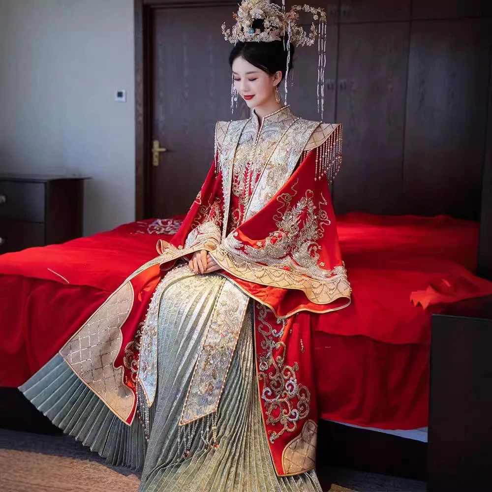 氨纶30%大码秀禾服胖妹妹新娘结婚中式婚纱凤冠霞披明制婚服汉服