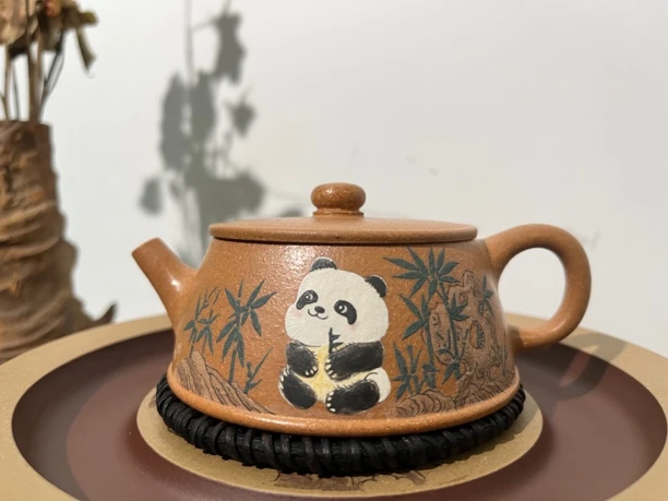 宜兴紫砂壶半手工制作120CC熊猫平盖石瓢