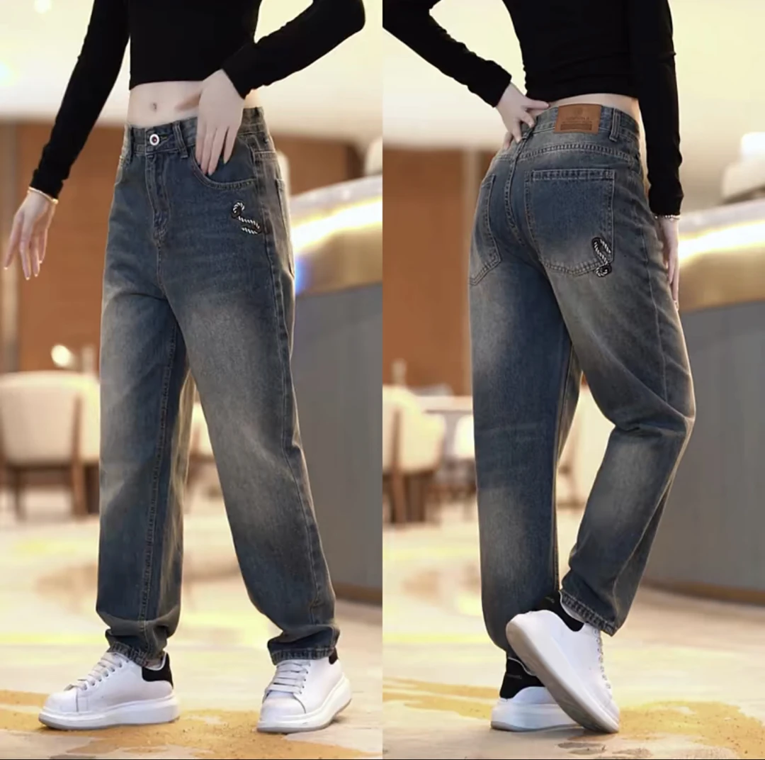 复古牛仔裤男韩版直筒高端刺绣休闲裤子男款潮流时尚哈伦微锥长裤