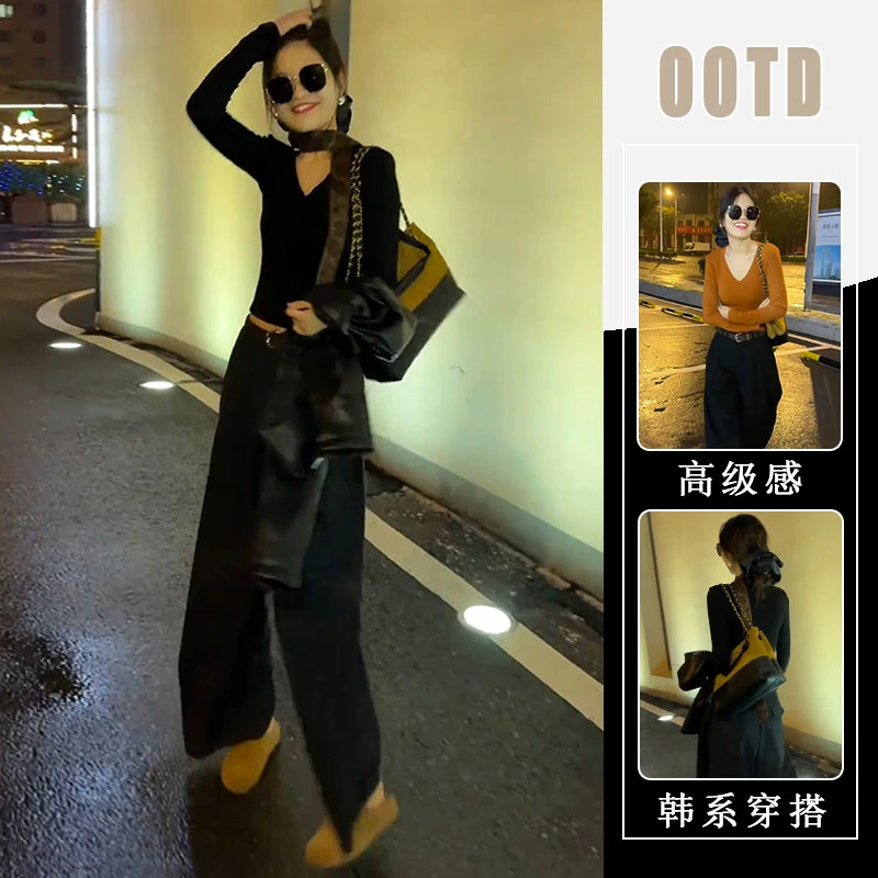 春秋v领性感小众设计感修身黑色长袖短款上衣百搭纯色裤子两件套