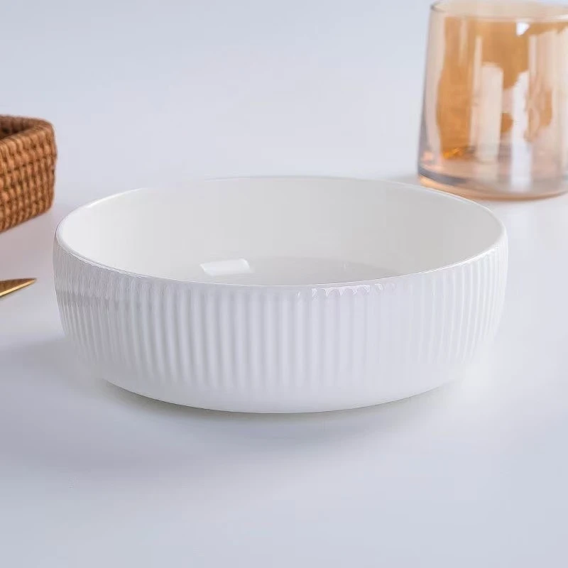 瓷县令克鲁斯白8.5英寸简约竖纹窝盘纯白创意釉下彩陶瓷餐具轻奢