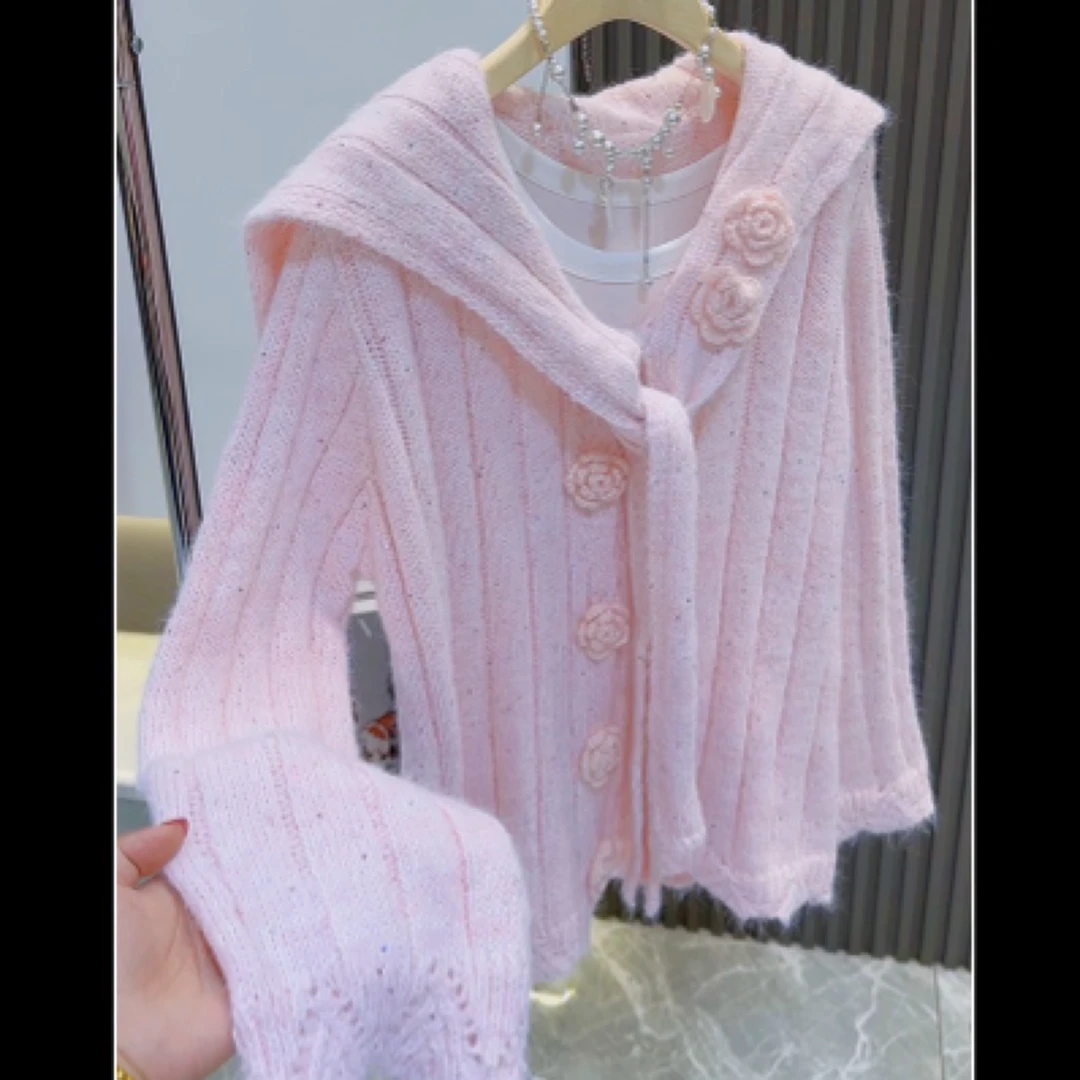 向重工立体花朵海军大翻领针织开衫女秋冬新款宽松慵懒风单排扣