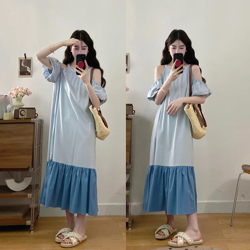 大码夏季欧若风海边度假挂脖连衣裙高级感撞色拼接露肩长裙